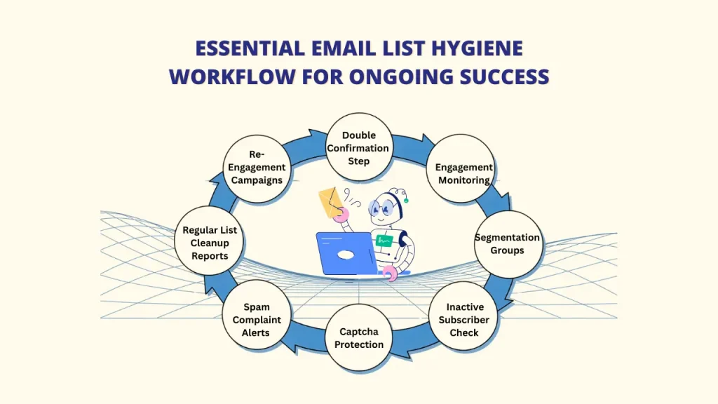 A circular workflow diagram illustrating "Essential Email List Hygiene Workflow for Ongoing Success." The steps include "Double Confirmation Step," "Engagement Monitoring," "Segmentation Groups," "Inactive Subscriber Check," "Captcha Protection," "Spam Complaint Alerts," "Regular List Cleanup Reports," and "Re-Engagement Campaigns." Keywords: Bulk Email Cleaning; email marketing; email list.