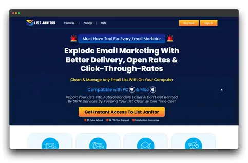 A screenshot of the "List Janitor" software's landing page, advertising itself as a "Must Have Tool for Every Email Marketer" to "Explode Email Marketing with Better Delivery, Open Rates & Click-Through-Rates." It highlights features like cleaning and managing email lists on your computer, compatibility with PC & Mac, and importing lists into autoresponders easily to avoid being banned by SMTP services. The call to action is "Get Instant Access To List Janitor," emphasizing its utility for effective Email List Cleaning for both marketers and Small Businesses seeking the Best Email List Cleaning solution.