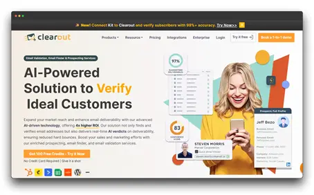 
A screenshot of the Clearout website, which promotes an "AI-Powered Solution to Verify Ideal Customers." The page highlights its ability to expand market reach and enhance email deliverability with AI-driven technology, offering 4x higher ROI. It emphasizes finding and verifying email addresses, real-time AI verdicts on deliverability, and reduced hard bounces. The page shows a woman interacting with a phone, overlaid with verification statistics and contact profiles. This positions Clearout as a comprehensive tool for Email List Cleaning, useful for Small Businesses and large enterprises seeking the Best Email List Cleaning and email validation services.