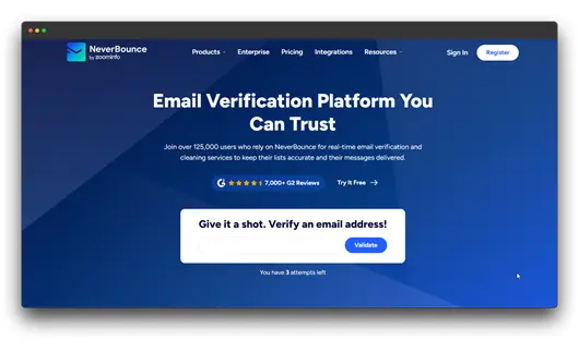 A screenshot of the ZeroBounce website, a prominent Email List Cleaning service, displaying their tagline "There's no better way to zero bounces." The page features a call to action "Try ZeroBounce Free" and highlights "Better email performance for 400,000+ clients," positioning it as a strong contender for the Best Email List Cleaning solution, particularly beneficial for Small Businesses aiming to improve email deliverability and protect their sender reputation.