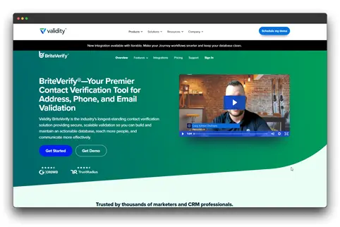 
A screenshot of the BriteVerify website, part of Validity, describing itself as "Your Premier Contact Verification Tool for Address, Phone, and Email Validation." The page highlights its secure and scalable solution for building and maintaining an actionable database, reaching more people, and communicating effectively. It features a video preview and mentions being "Trusted by thousands of marketers and CRM professionals," suggesting it's a reliable choice for Email List Cleaning for both large organizations and Small Businesses seeking the Best Email List Cleaning and contact verification services.