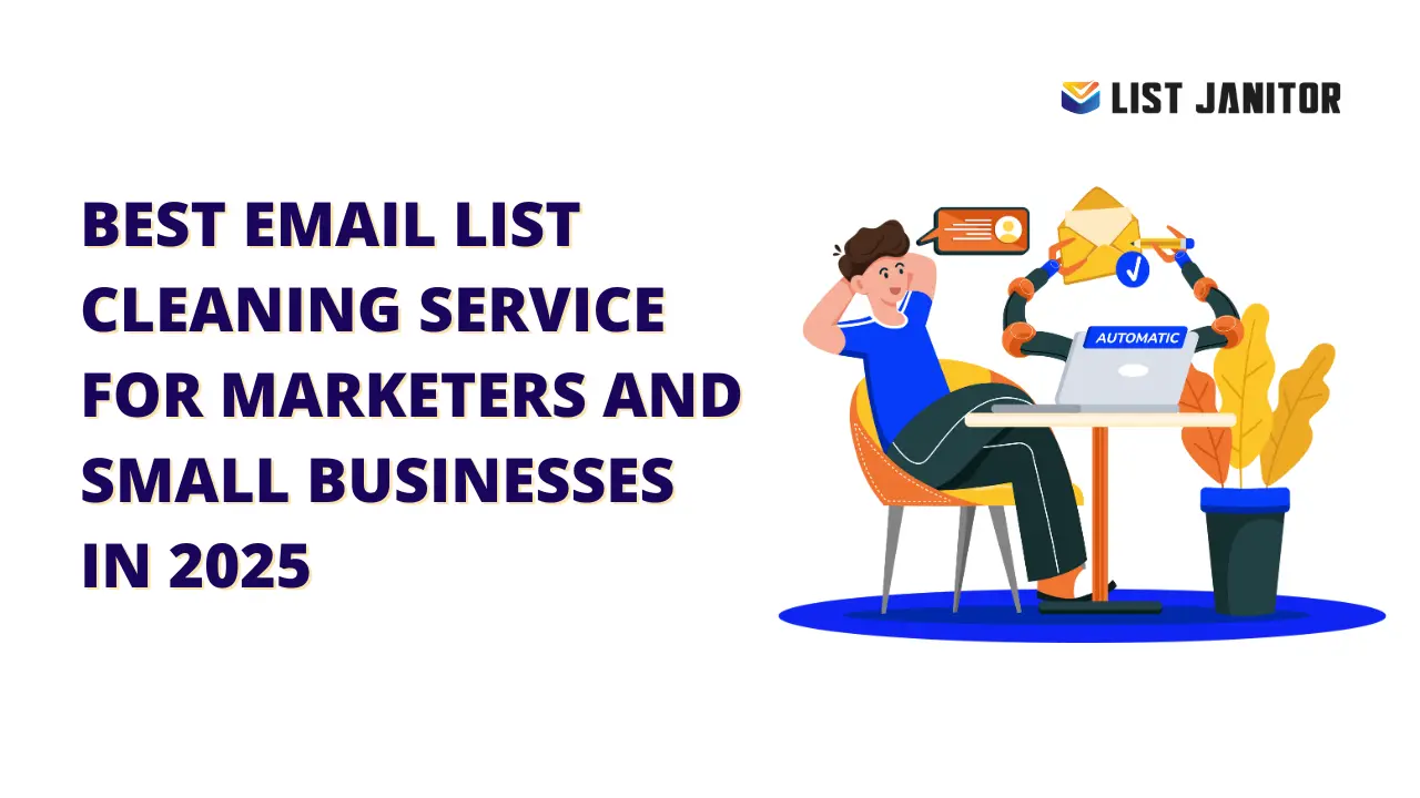 Illustration of a person automating email tasks using a laptop with robotic arms, promoting the Best Email List Cleaning service for Small Businesses and marketers in 2025 — highlighting the benefits of Email List Cleaning.