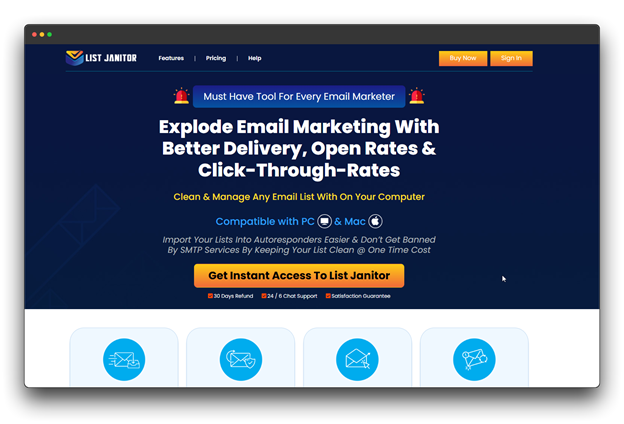The homepage for List Janitor, an email marketing tool. The main headline is "Explode Email Marketing With Better Delivery, Open Rates & Click-Through-Rates." It promises to "Clean & Manage Any Email List With On Your Computer" and is "Compatible with PC & Mac." The page has a "Get Instant Access to List Janitor" button and icons representing various features. Keywords: Bulk Email Cleaning; email marketing; email list.