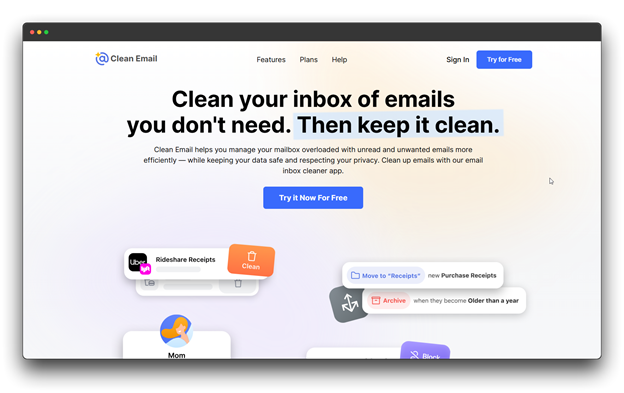 The homepage for Clean Email, an email cleaning app. The page's main heading is "Clean your inbox of emails you don't need. Then keep it clean." It features illustrations of how the app groups emails, such as "Rideshare Receipts" and "Purchase Receipts," for easy management. Keywords: Bulk Email Cleaning; email marketing; email list.