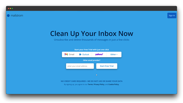 The homepage for Maelstrom, an inbox cleaning tool. The main headline reads, "Clean Up Your Inbox Now" and offers to "Unsubscribe and delete thousands of messages in just a few clicks." The page shows options to start a free trial by connecting to Gmail, Outlook, or Yahoo. Keywords: Bulk Email Cleaning; email marketing; email list.