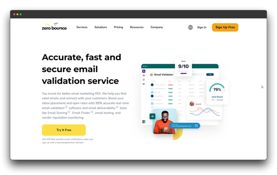 The homepage for ZeroBounce, an email validation service. The main headline reads, "Accurate, fast and secure email validation service." The page highlights how it helps "find valid emails and connect with your customers." It shows a user interface with an "Email Validator" score of 9/10 and a "Valid Emails" percentage of 79%. Keywords: Bulk Email Cleaning; email marketing; email list.