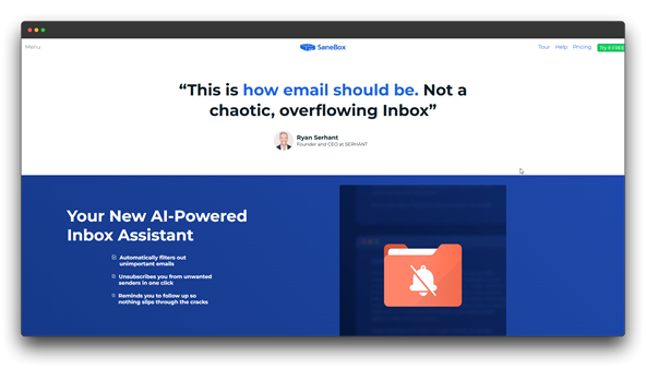 The homepage for SaneBox, an AI-powered inbox assistant. The page features a quote from Ryan Serhant, "This is how email should be. Not a chaotic, overflowing Inbox." Key features are listed, including automatically filtering out unimportant emails, one-click unsubscribing, and follow-up reminders. Keywords: Bulk Email Cleaning; email marketing; email list.