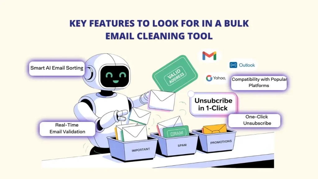 An illustration of a laptop screen displaying the benefits of bulk email cleaning: "Improved Email Delivery," "Increased Focus," and "Less Clutter." The screen shows a progress bar indicating that the "Inbox is cleaned," with an animated broom sweeping away emails. Keywords: Bulk Email Cleaning; email marketing; email list.