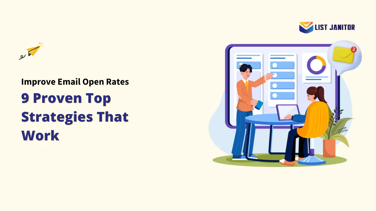 Two people working on a computer and a whiteboard, with the text "Improve Email Open Rates, 9 Proven Top Strategies That Work". Keywords: Email Open Rates, Improve Email Open Rates, email marketing.