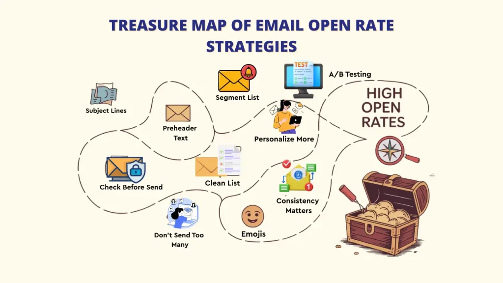 A treasure map of email open rate strategies showing various tactics like subject lines, A/B testing, and list segmentation, all leading to high open rates. Keywords: Email Open Rates, Improve Email Open Rates, email marketing.