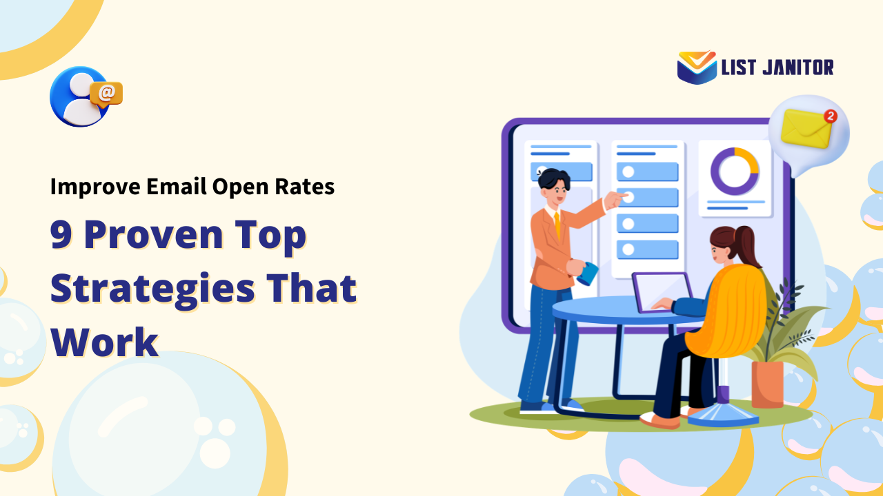 Two people working on a computer and a whiteboard, with the text "Improve Email Open Rates, 9 Proven Top Strategies That Work". Keywords: Email Open Rates, Improve Email Open Rates, email marketing.